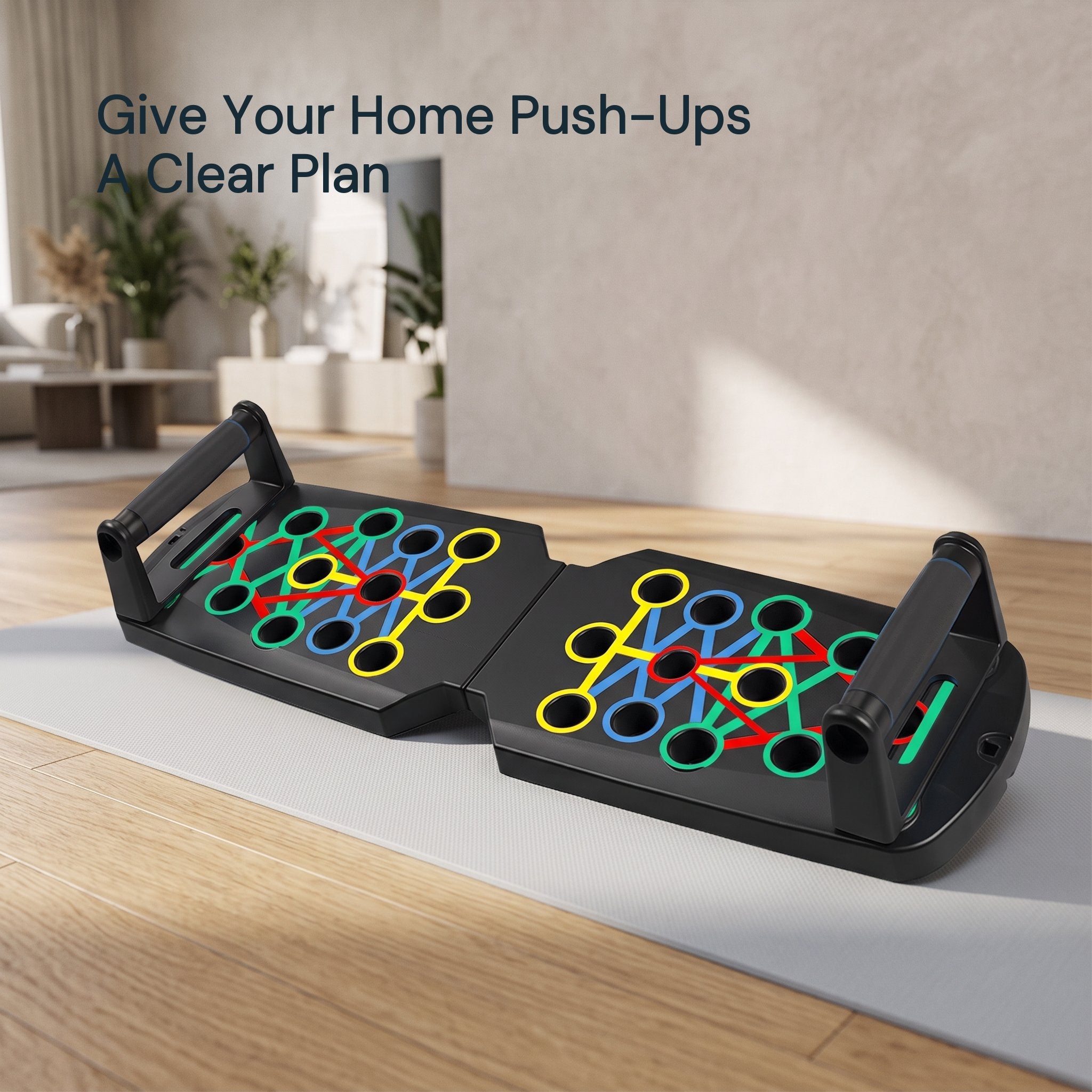 Black Rep Ready board open with handles in a home workout space