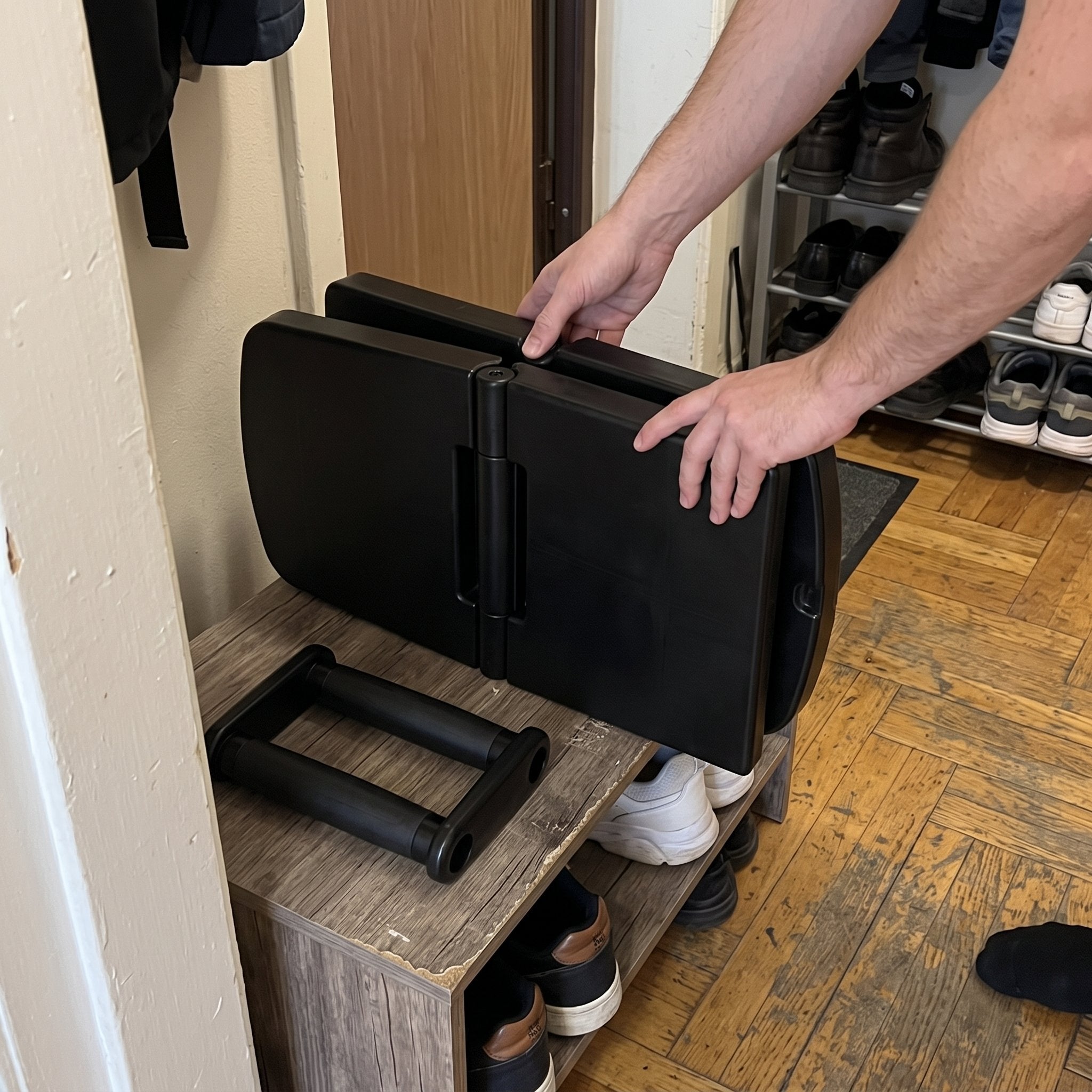 Hands putting a folded black Rep Ready board away after a session