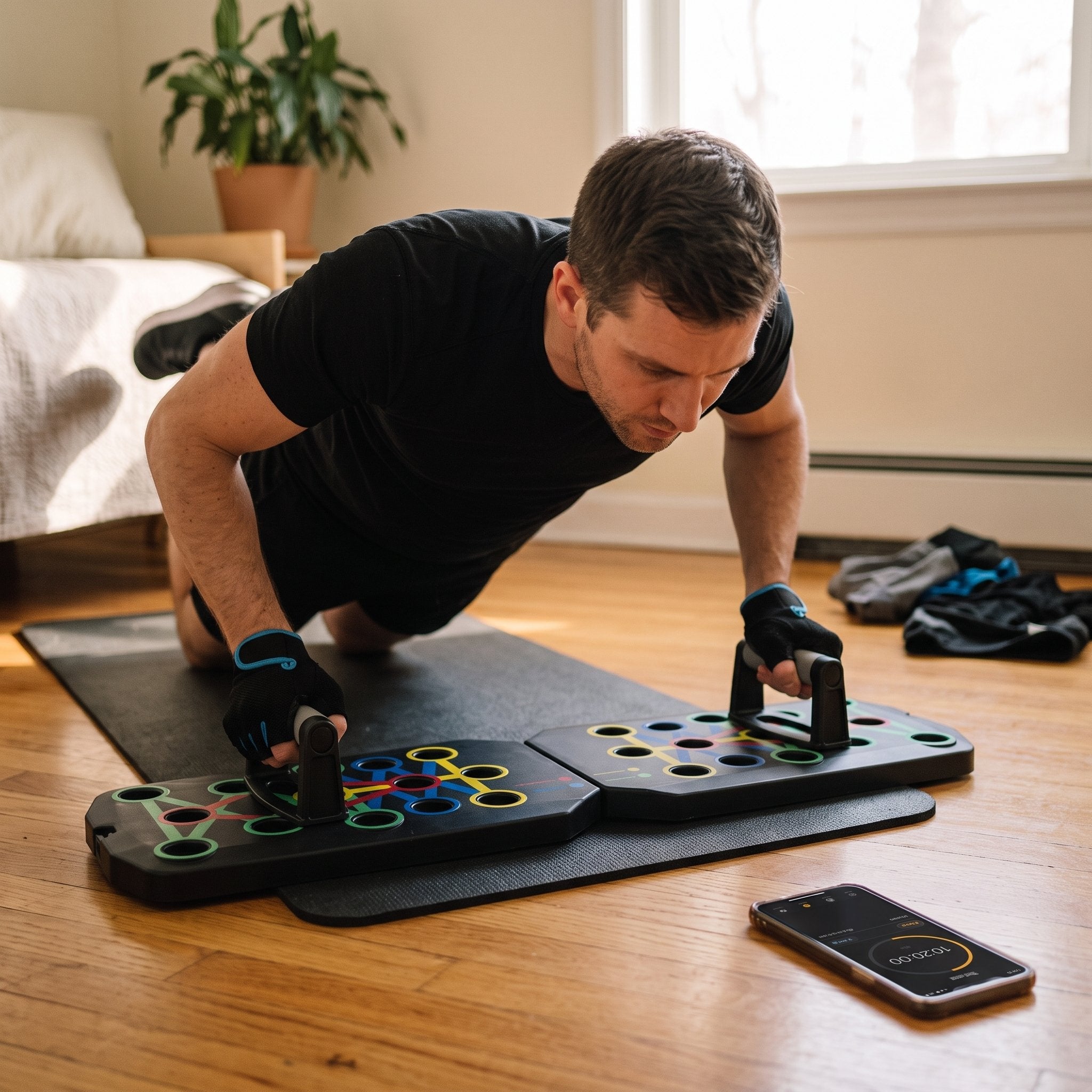 Rep Ready folding push-up board in a home workout moment 2